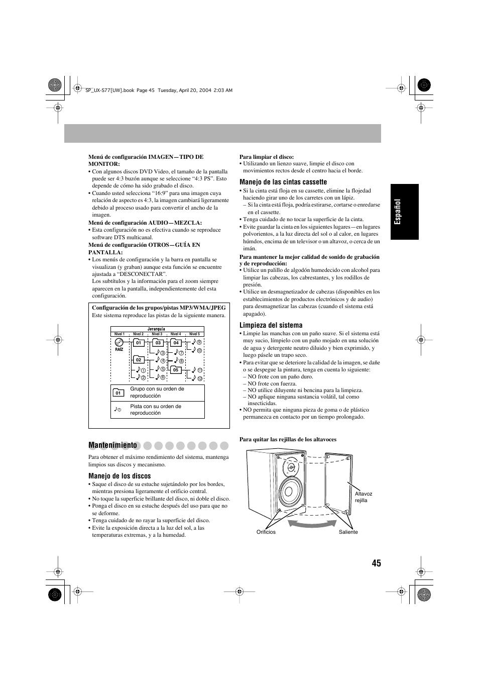 Español, Mantenimiento, Manejo de los discos | Manejo de las cintas cassette, Limpieza del sistema | JVC UX-S77 User Manual | Page 99 / 155