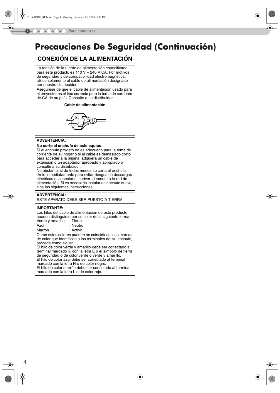 Precauciones de seguridad (continuación), Conexión de la alimentación | JVC LCT2441-001B User Manual | Page 112 / 162