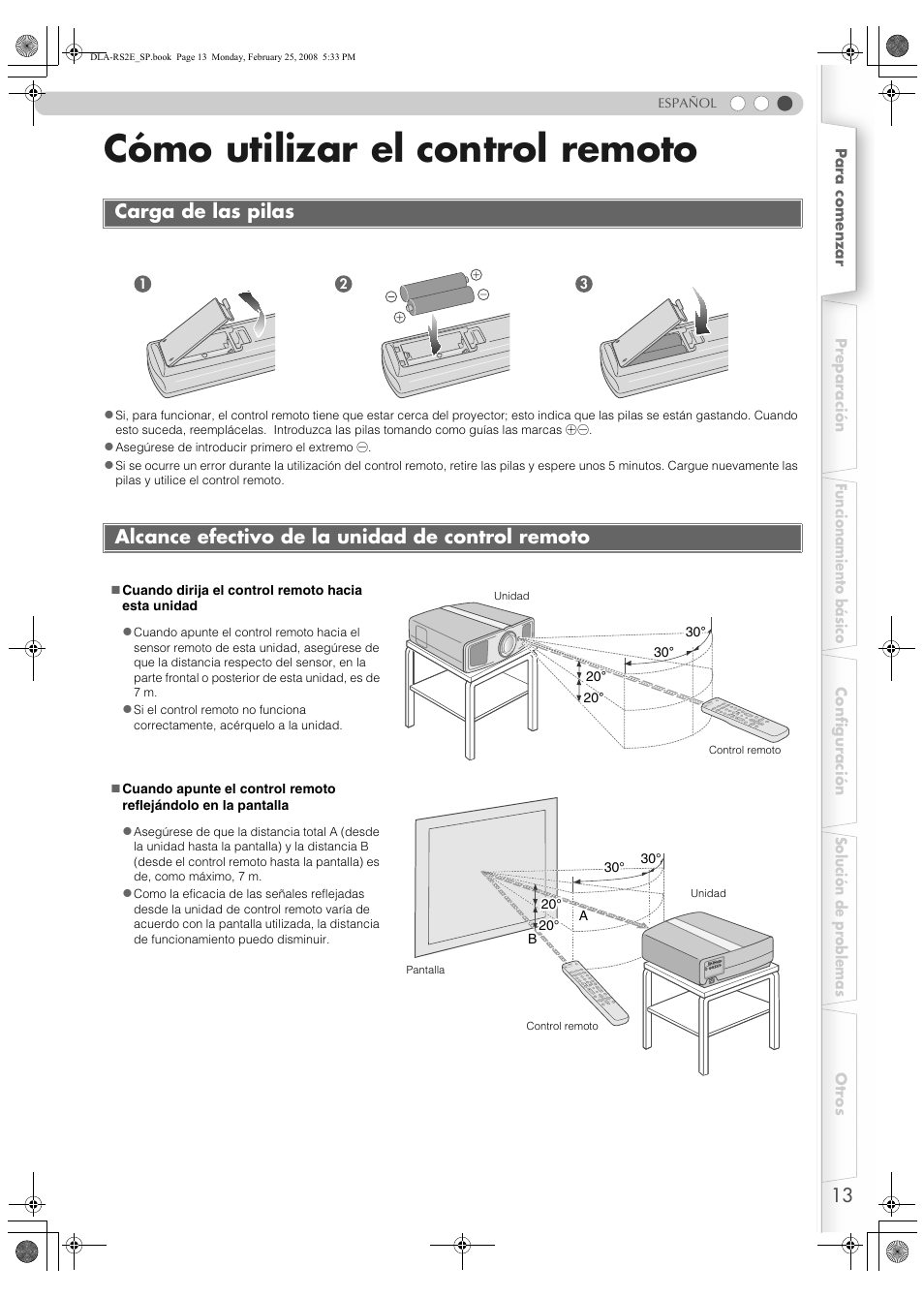 Cómo utilizar el control remoto, Carga de las pilas, Alcance efectivo de la unidad de control remoto | Sensor remoto (p, P13) | JVC LCT2441-001B User Manual | Page 121 / 162