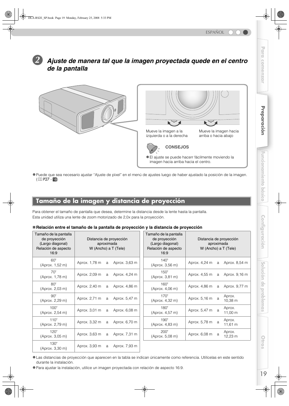 Tamaño de la imagen y distancia de proyección | JVC LCT2441-001B User Manual | Page 127 / 162