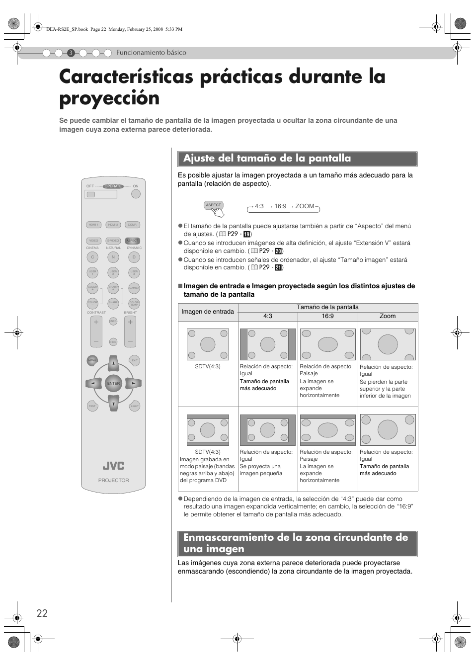 Características prácticas durante la proyección, Ajuste del tamaño de la pantalla, De una imagen | Funcionamiento básico | JVC LCT2441-001B User Manual | Page 130 / 162