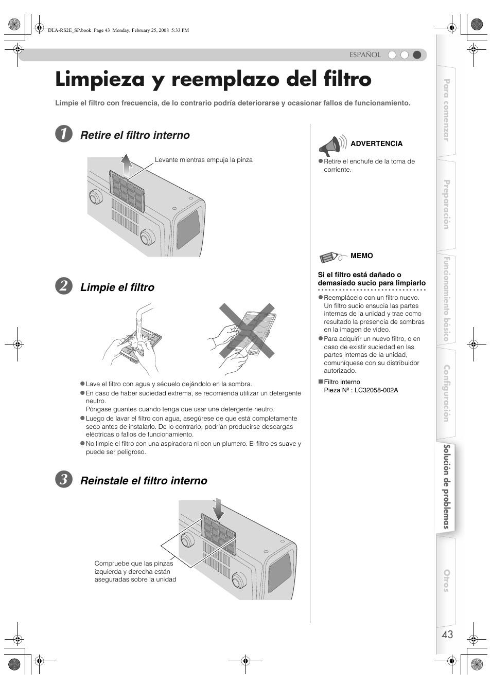 Limpieza y reemplazo del filtro, Pp43, Retire el filtro interno | Limpie el filtro, Reinstale el filtro interno | JVC LCT2441-001B User Manual | Page 151 / 162
