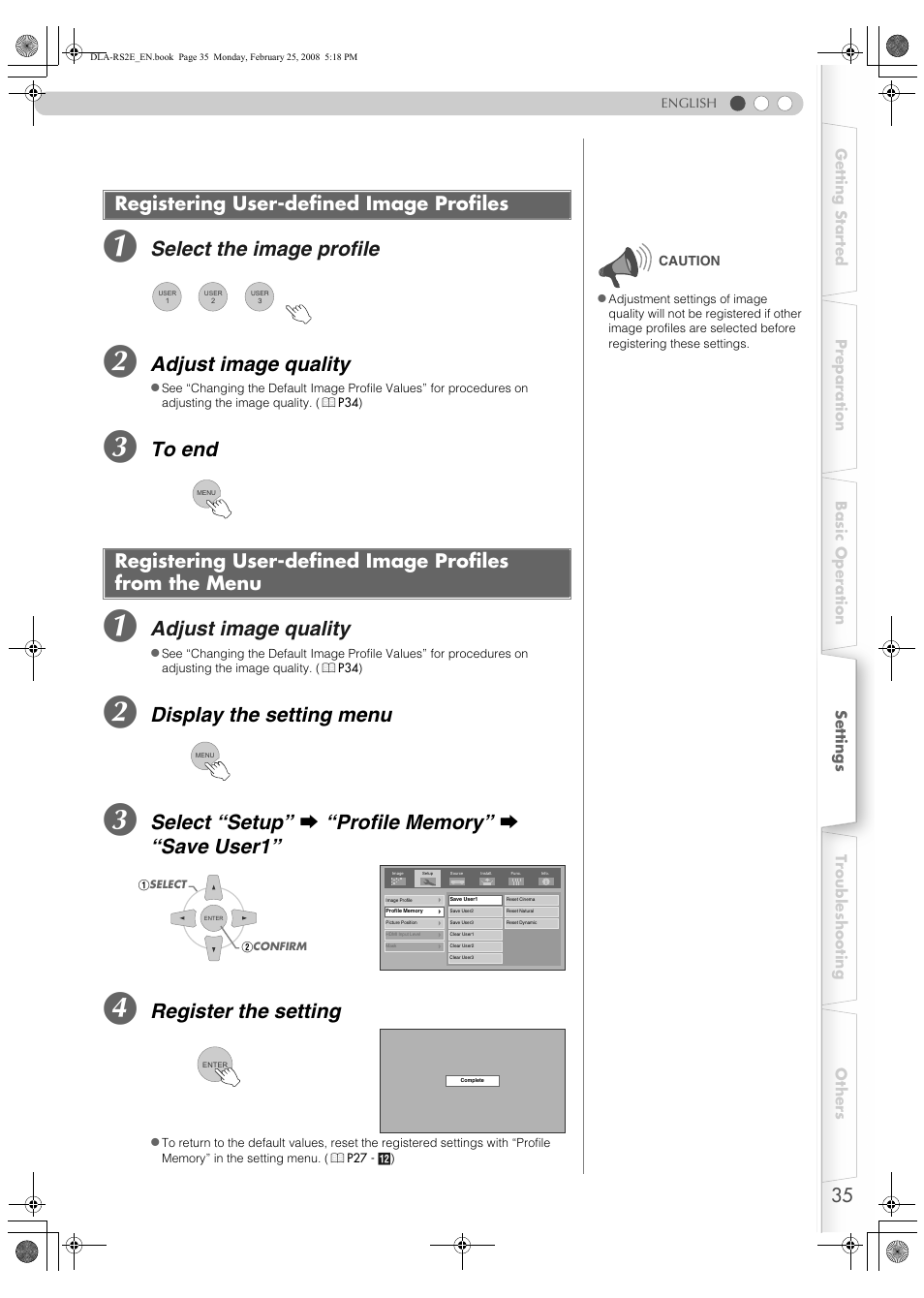 Registering user-defined image profiles, Select the image profile, Adjust image quality | Display the setting menu, Register the setting | JVC LCT2441-001B User Manual | Page 35 / 162