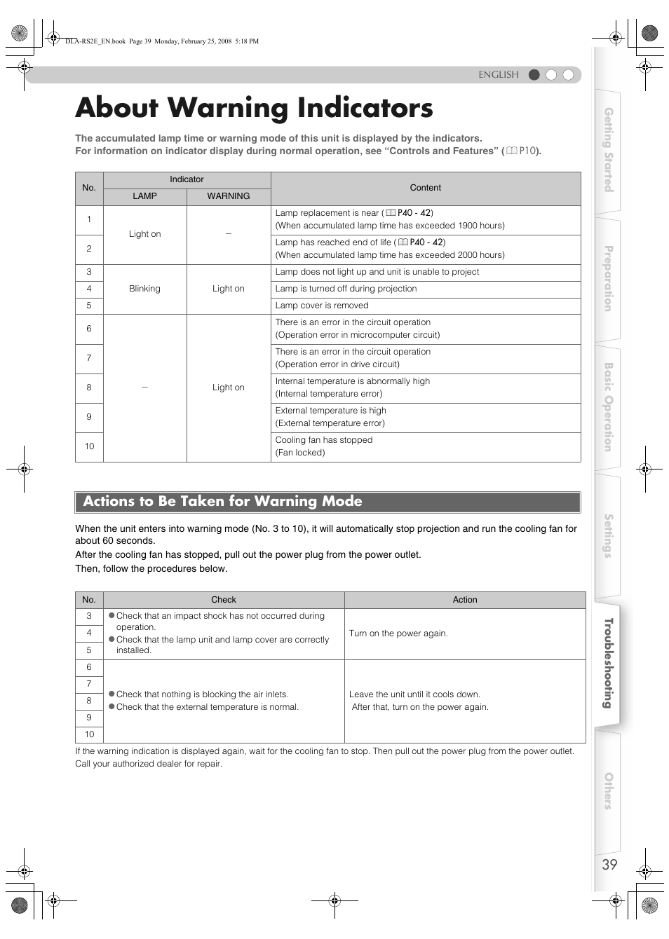 About warning indicators, Actions to be taken for warning mode, P39) | G (p | JVC LCT2441-001B User Manual | Page 39 / 162