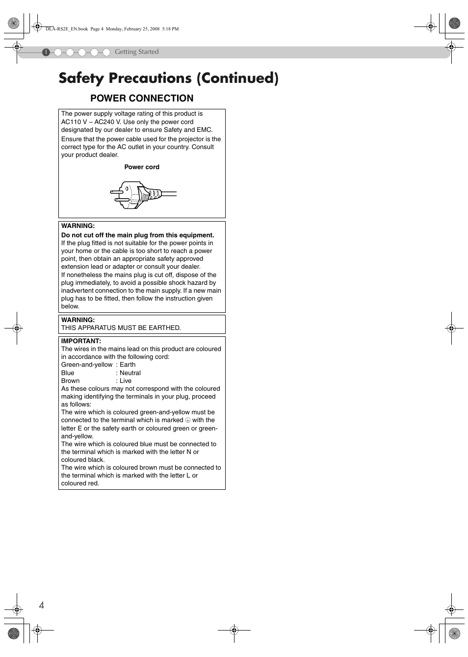 Safety precautions (continued), Power connection | JVC LCT2441-001B User Manual | Page 4 / 162