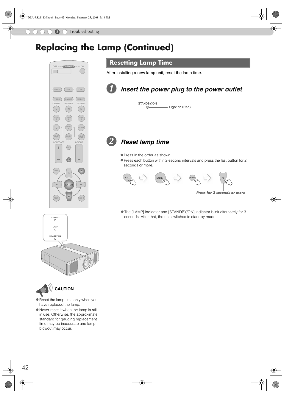 Resetting lamp time, Replacing the lamp (continued), Insert the power plug to the power outlet | Reset lamp time, Caution | JVC LCT2441-001B User Manual | Page 42 / 162