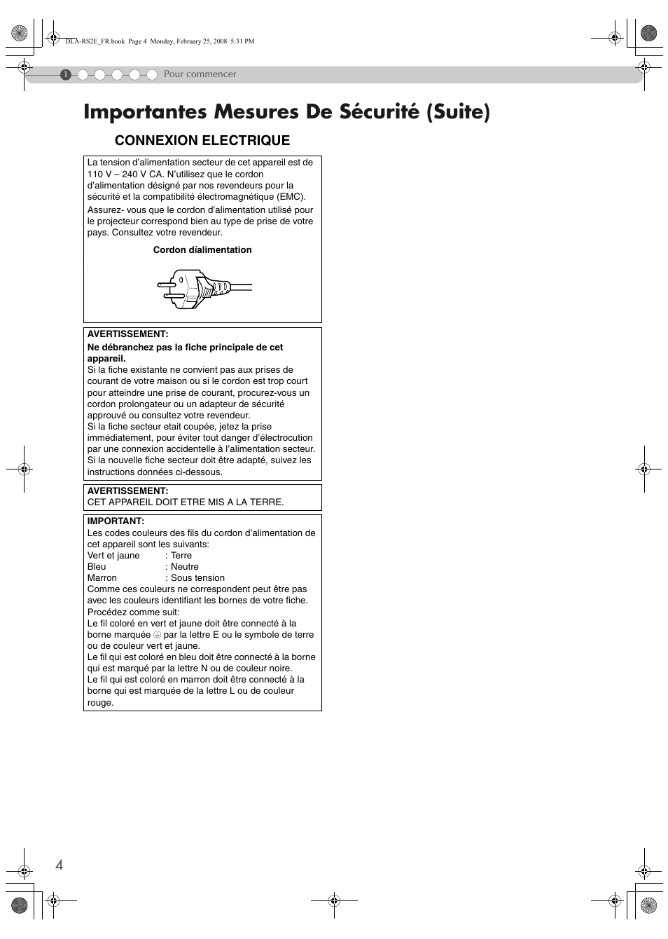 Importantes mesures de sécurité (suite), Connexion electrique | JVC LCT2441-001B User Manual | Page 58 / 162