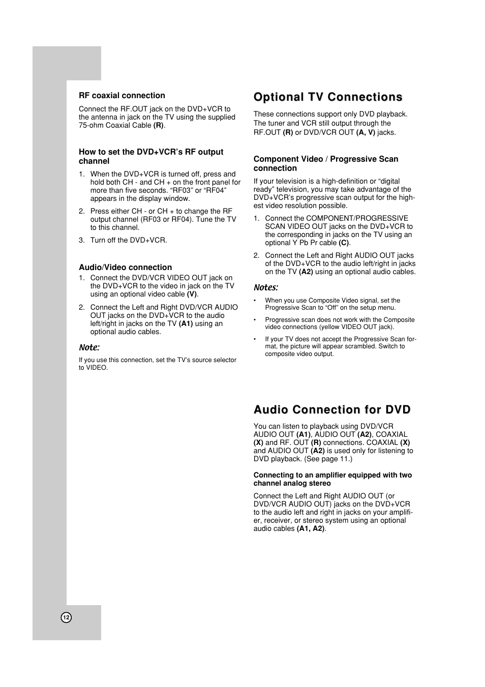 Rf output channel, Optional tv connections, Audio connection for dvd | JVC HR-XVC19SUS User Manual | Page 12 / 42