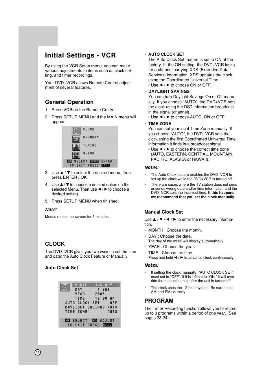 Clock set, Initial settings, Timer recording function | Initial settings - vcr, General operation, Clock, Program | JVC HR-XVC19SUS User Manual | Page 14 / 42
