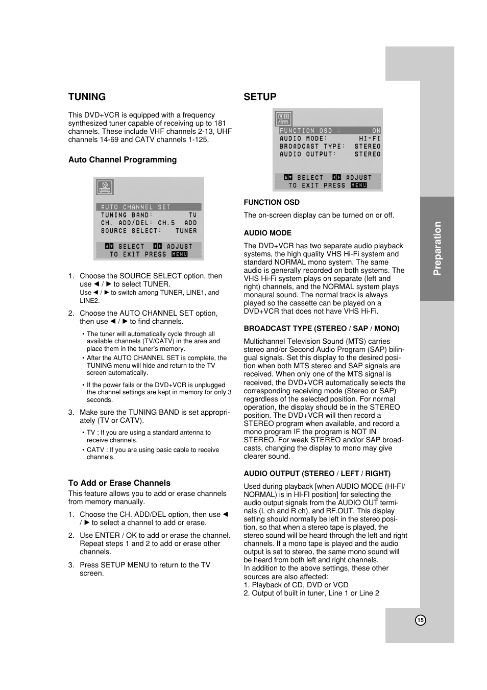 Tuner setup, Setup, Function osd | Audio mode, Sap / stereo / mono, Audio out - stereo / left / right, Preparation tuning | JVC HR-XVC19SUS User Manual | Page 15 / 42