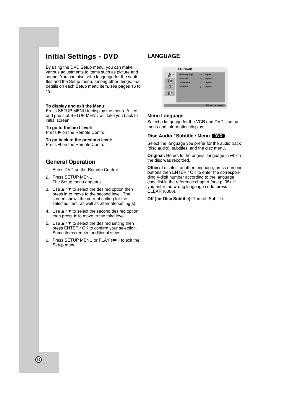 General operation, Language, Initial settings - dvd | JVC HR-XVC19SUS User Manual | Page 16 / 42