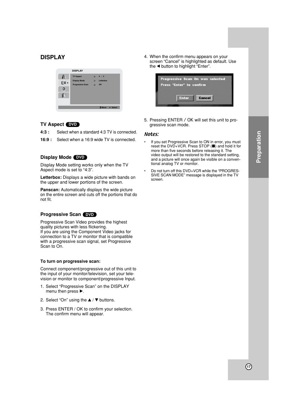 Reset, Progressive scan, Display | Preparation display, Tv aspect, Display mode | JVC HR-XVC19SUS User Manual | Page 17 / 42