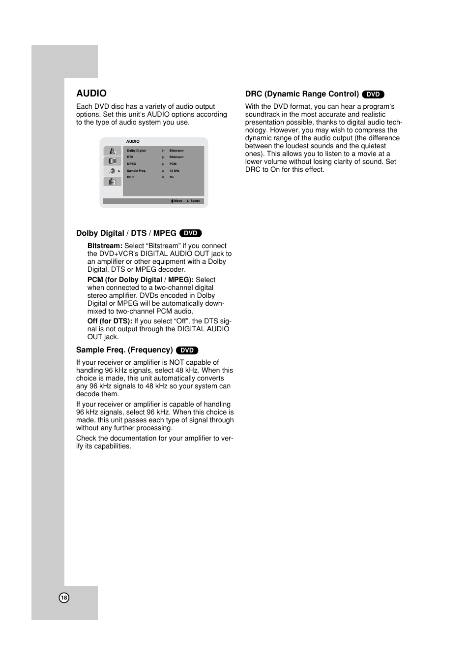 Audio, Dolby digital / dts / mpeg, Sample freq. (frequency) | Drc (dynamic range control) | JVC HR-XVC19SUS User Manual | Page 18 / 42