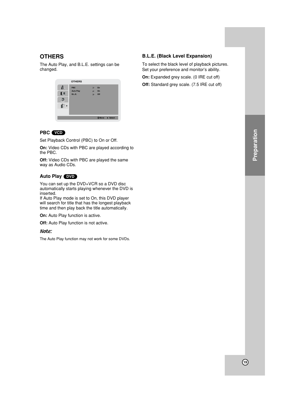 Others, Preparation others, Auto play | B.l.e. (black level expansion) | JVC HR-XVC19SUS User Manual | Page 19 / 42