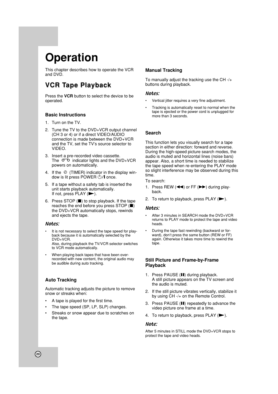 Operation, Tape playback, Basic playback | Tracking, Search forward / reverse, Still / frame-by-frame, Vcr t, Vcr t ape playback ape playback | JVC HR-XVC19SUS User Manual | Page 20 / 42