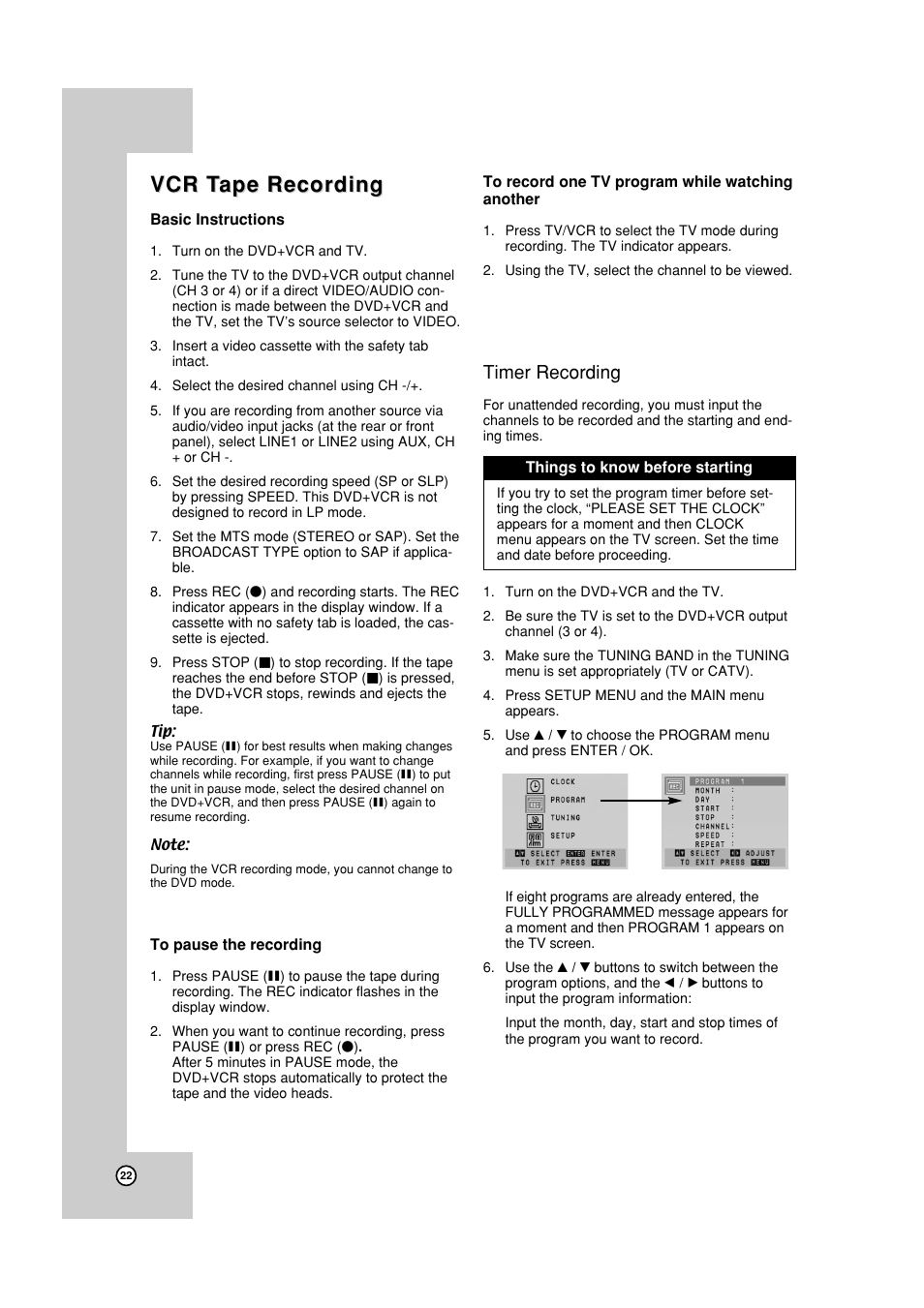 Recording, Vcr t, Vcr t ape recording ape recording | Timer recording | JVC HR-XVC19SUS User Manual | Page 22 / 42