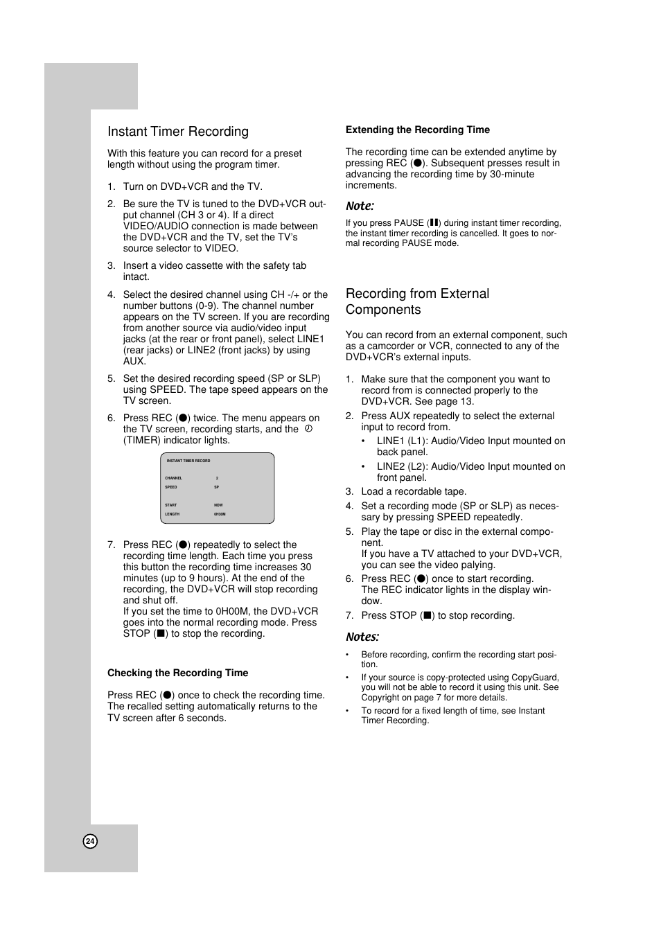 Instant timer recording, Recording from external components | JVC HR-XVC19SUS User Manual | Page 24 / 42