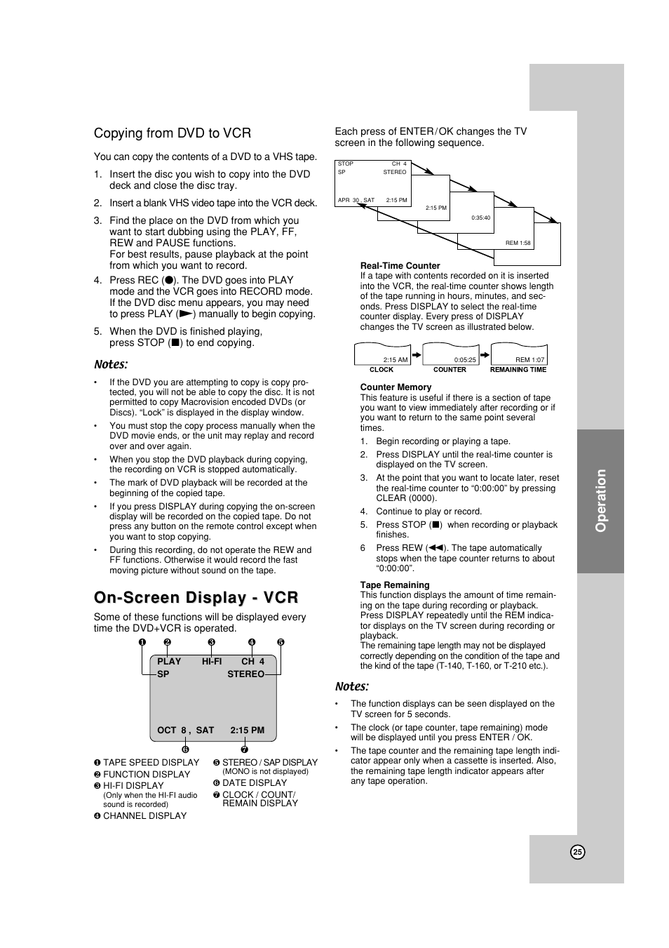 On screen display, On-screen display - vcr, Copying from dvd to vcr | Operation | JVC HR-XVC19SUS User Manual | Page 25 / 42