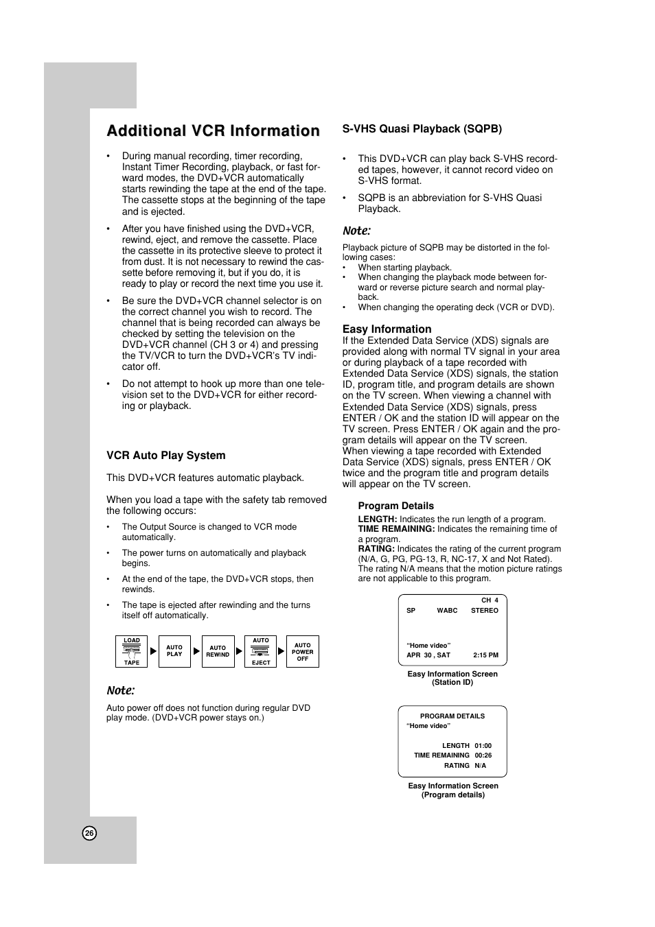 Auto play system, S-vhs quasi playback, Additional vcr information | Vcr auto play system, S-vhs quasi playback (sqpb), Easy information | JVC HR-XVC19SUS User Manual | Page 26 / 42