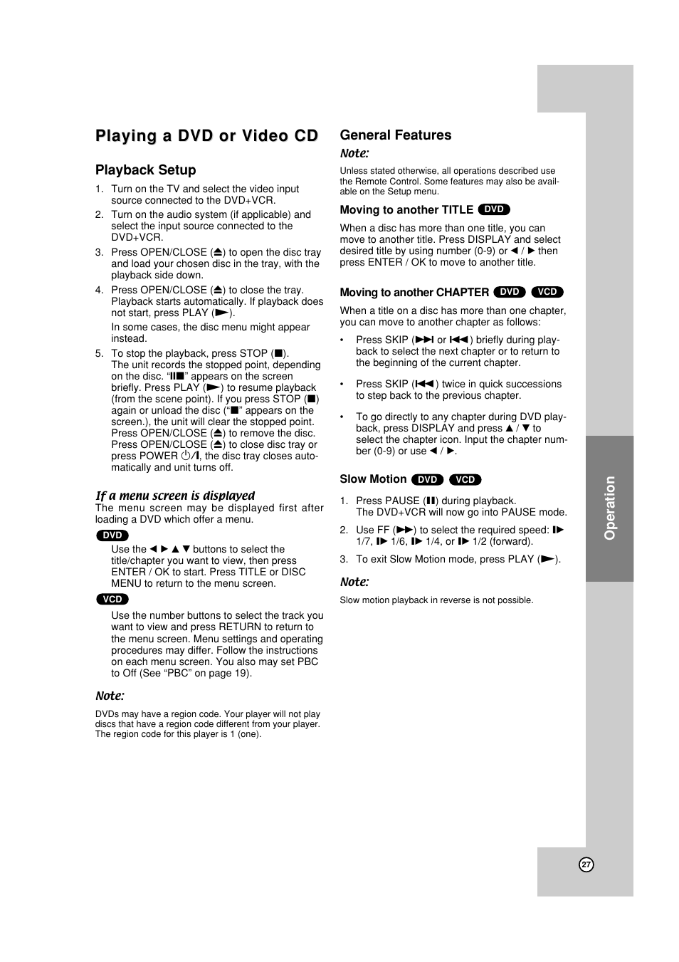 Dvd / vcd playback, Playback setup, Selecting the title / chapter | Slow motion, Playing a dvd or v, Playing a dvd or v ideo cd ideo cd, Operation, General features | JVC HR-XVC19SUS User Manual | Page 27 / 42