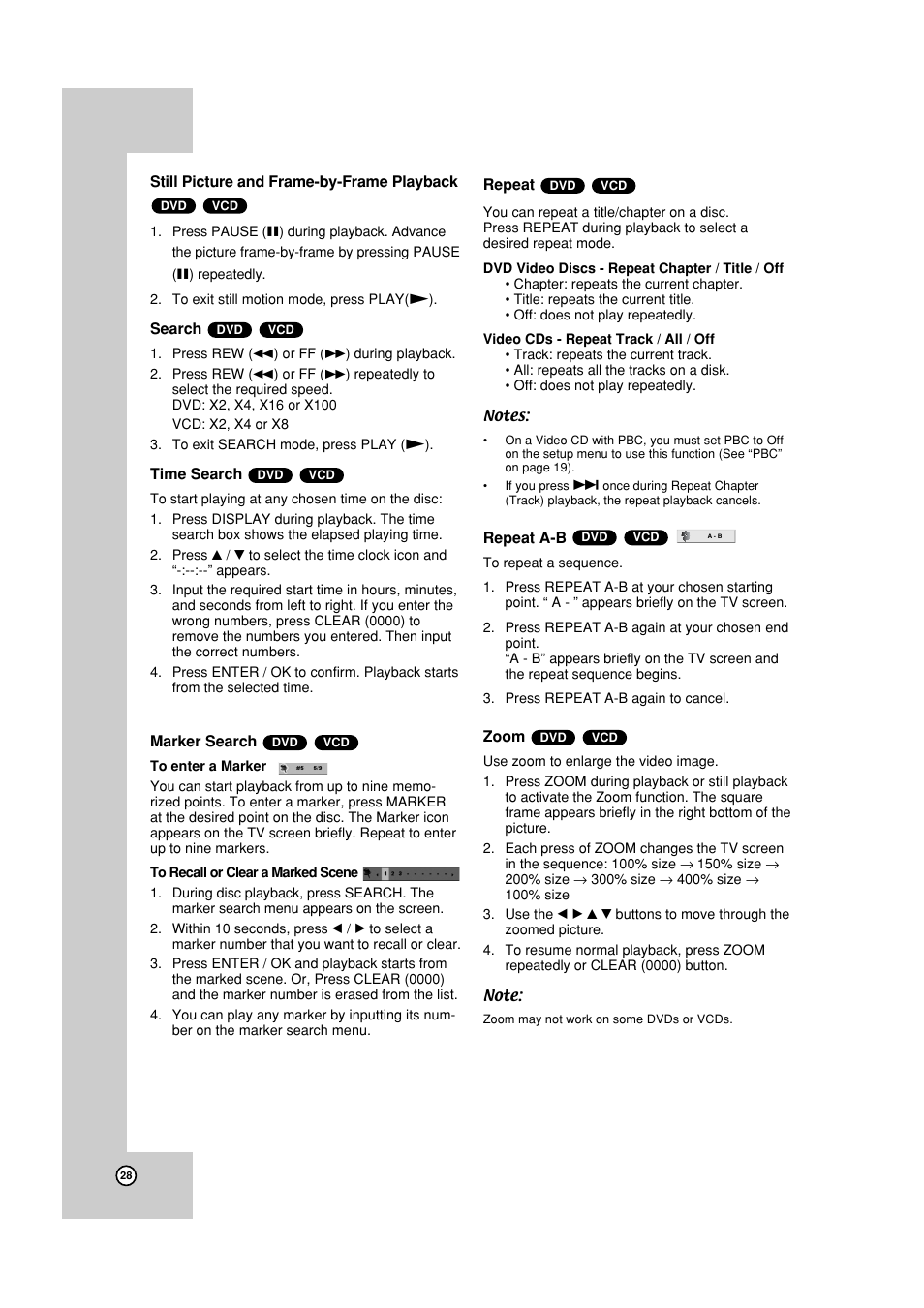 Still / frame-by-frame, Search, Time search | Marker search, Repeat, Zoom | JVC HR-XVC19SUS User Manual | Page 28 / 42
