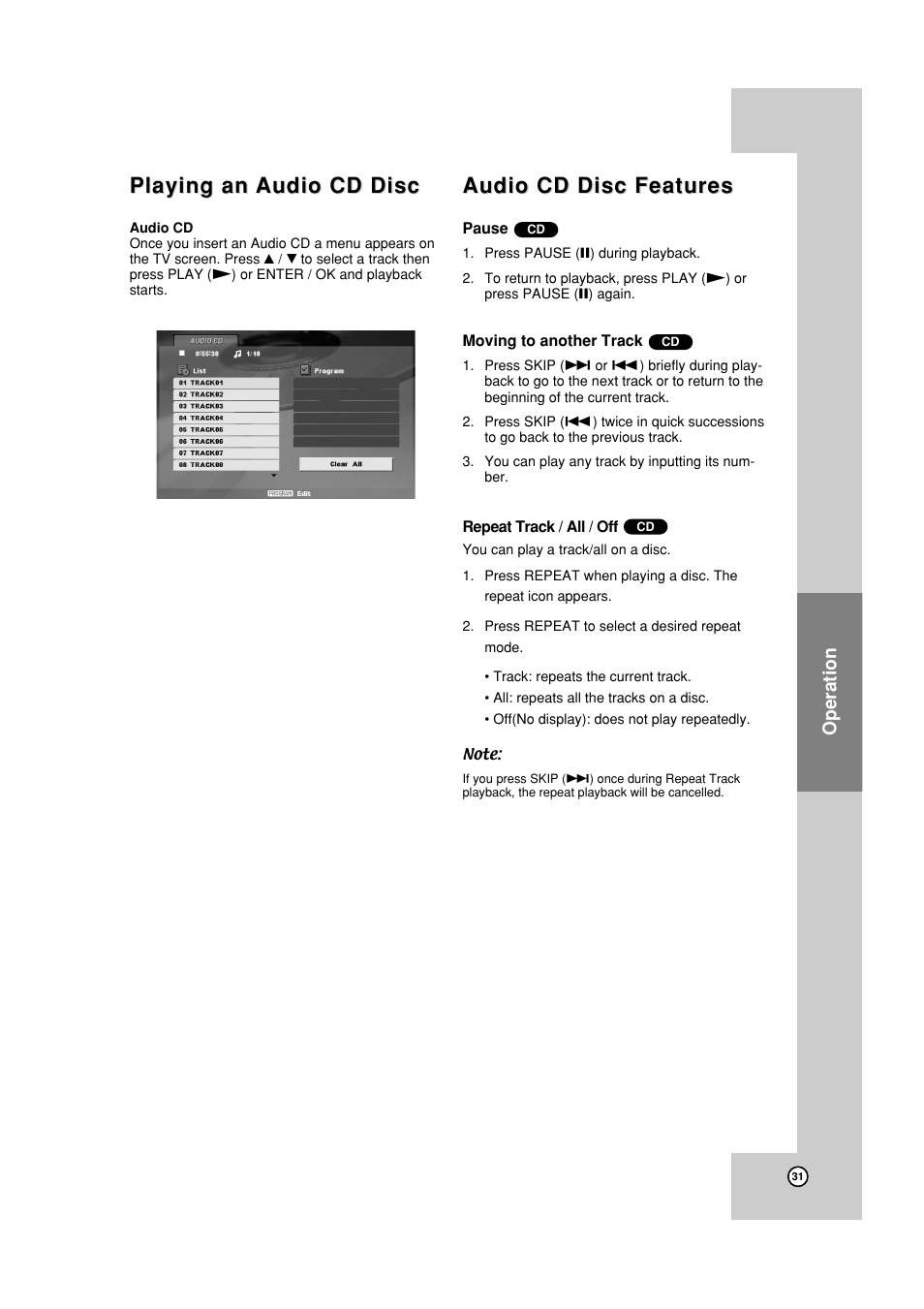 Audio cd playback, Playing an, Playing an audio cd disc audio cd disc | Audio cd disc features, Operation | JVC HR-XVC19SUS User Manual | Page 31 / 42