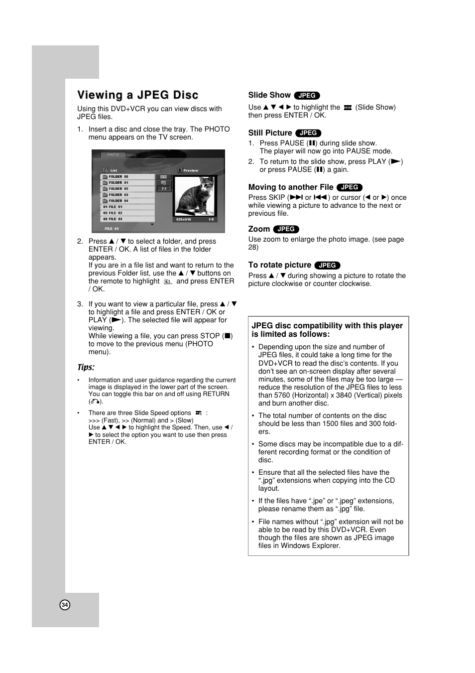 Jpeg playback, Viewing a jpeg disc iewing a jpeg disc | JVC HR-XVC19SUS User Manual | Page 34 / 42