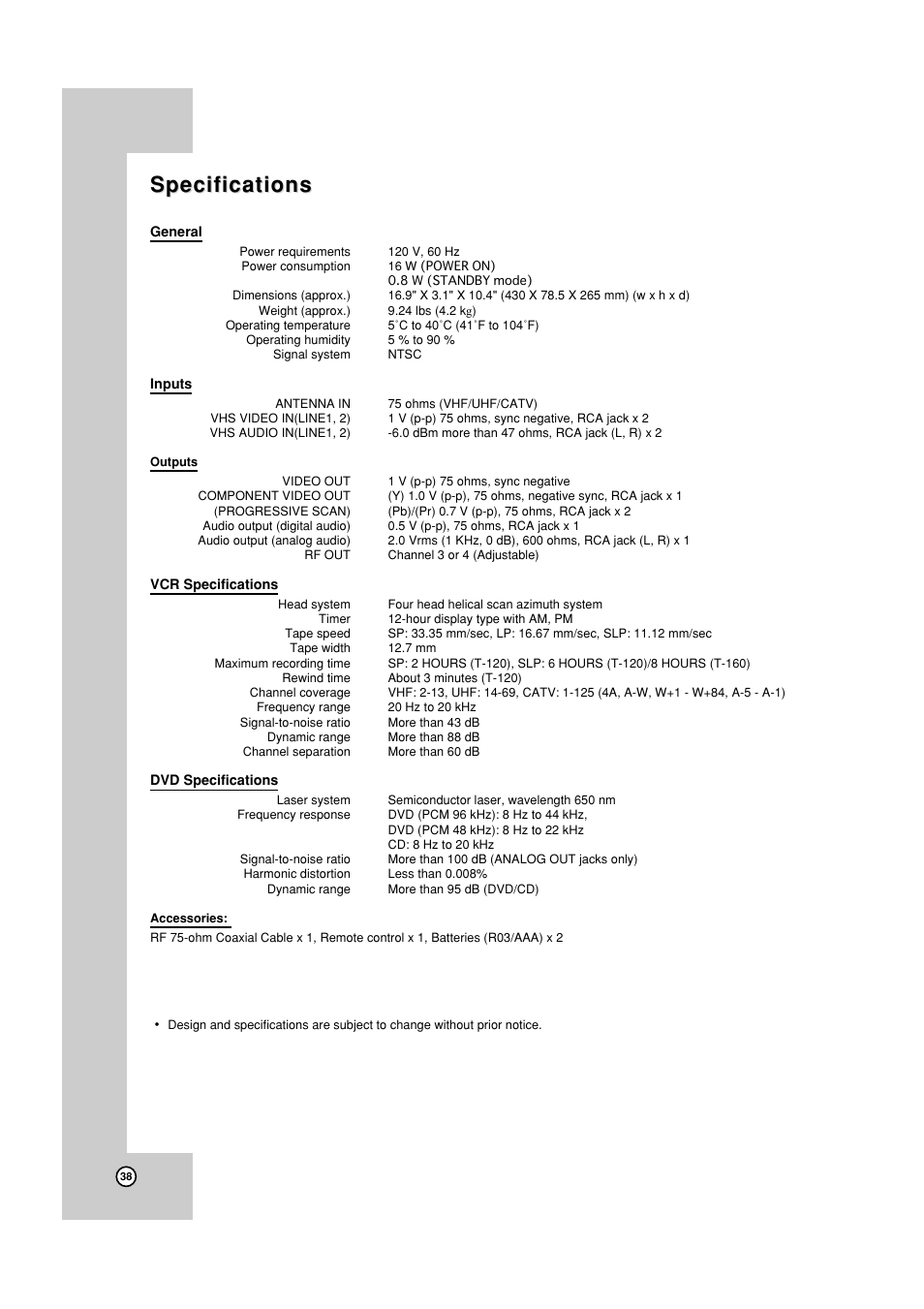 Specs, Specifications | JVC HR-XVC19SUS User Manual | Page 38 / 42