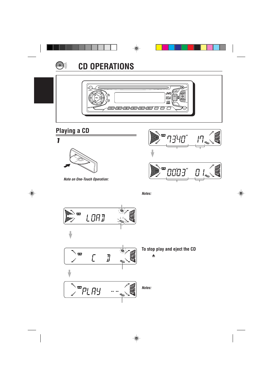 Cd operations, Playing a cd, Playing a cd 1 | English, Insert a disc into the loading slot | JVC KD-S785 User Manual | Page 12 / 31