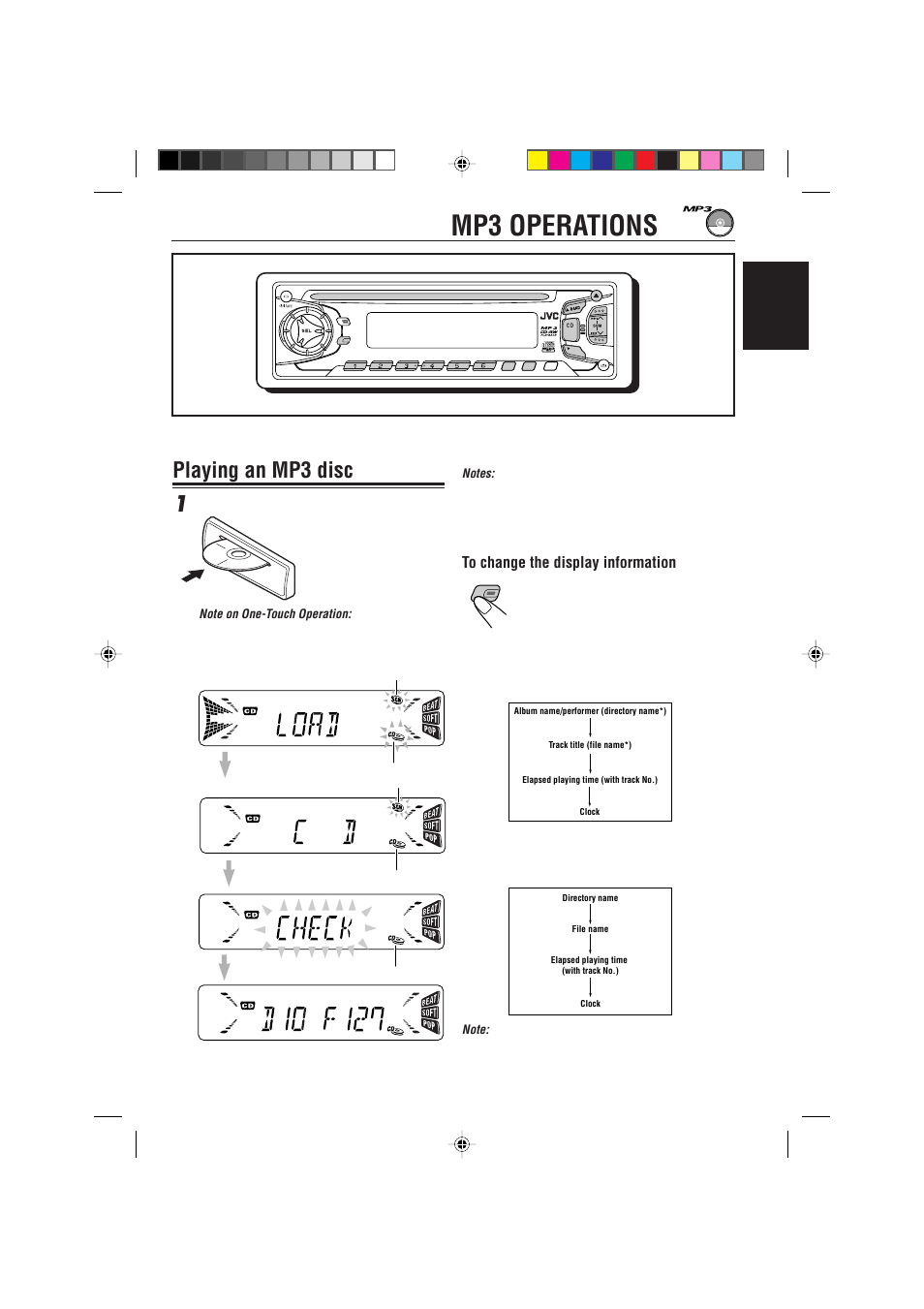 Mp3 operations, Playing an mp3 disc, Playing an mp3 disc 1 | English, Insert an mp3 disc into the loading slot | JVC KD-S785 User Manual | Page 17 / 31