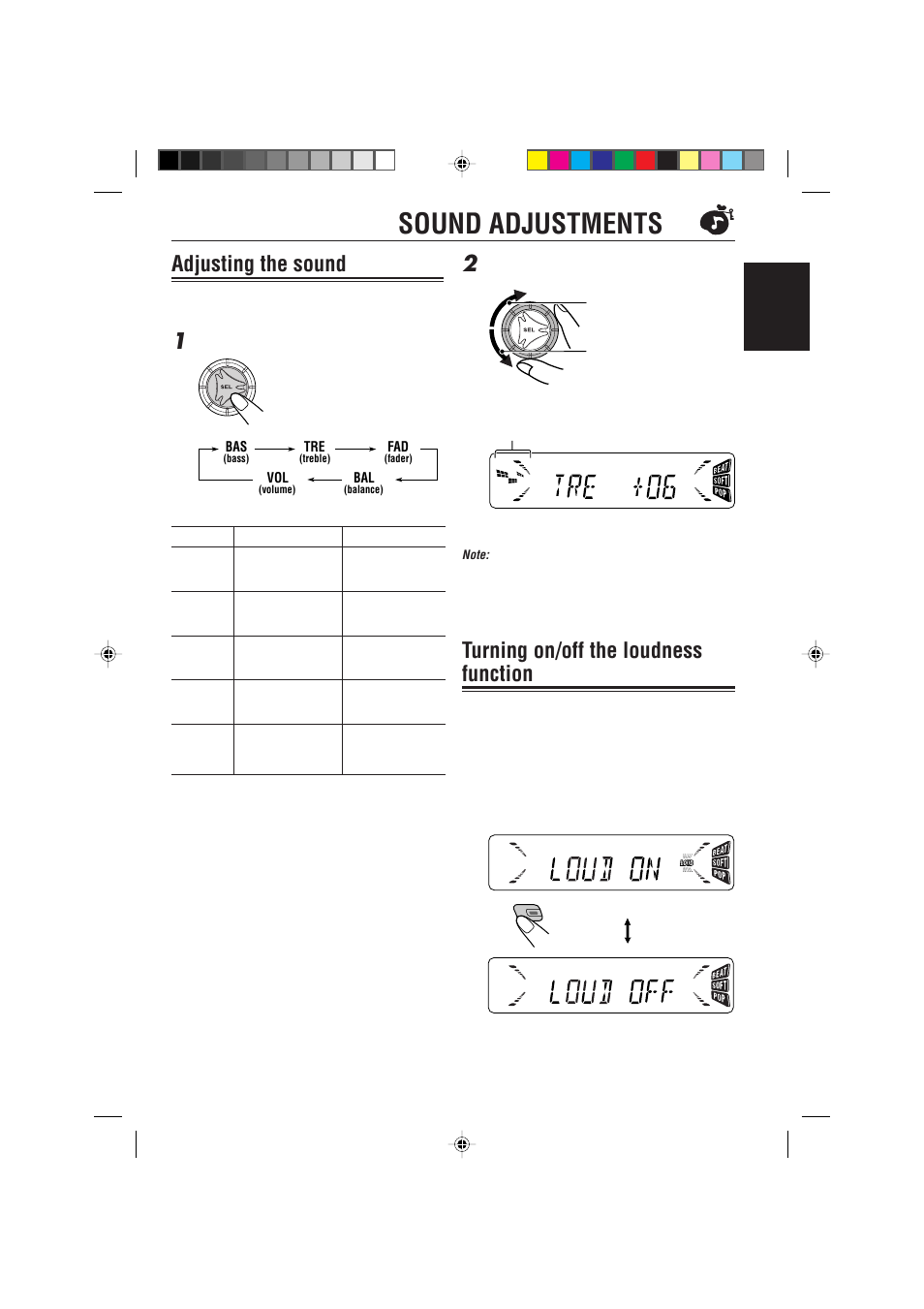 Sound adjustments, Adjusting the sound, Turning on/off the loudness function | JVC KD-S785 User Manual | Page 21 / 31