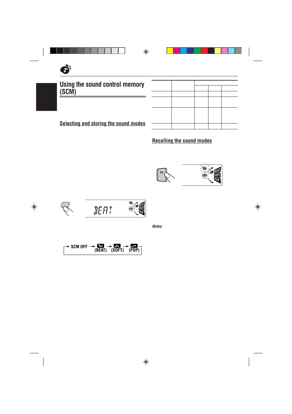 Using the sound control memory (scm), Selecting and storing the sound modes, Recalling the sound modes | English | JVC KD-S785 User Manual | Page 22 / 31