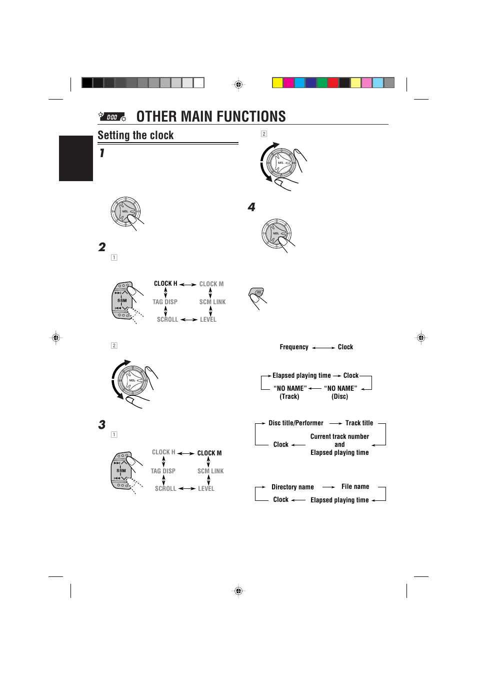 Other main functions, Setting the clock, Setting the clock 1 | JVC KD-S785 User Manual | Page 24 / 31