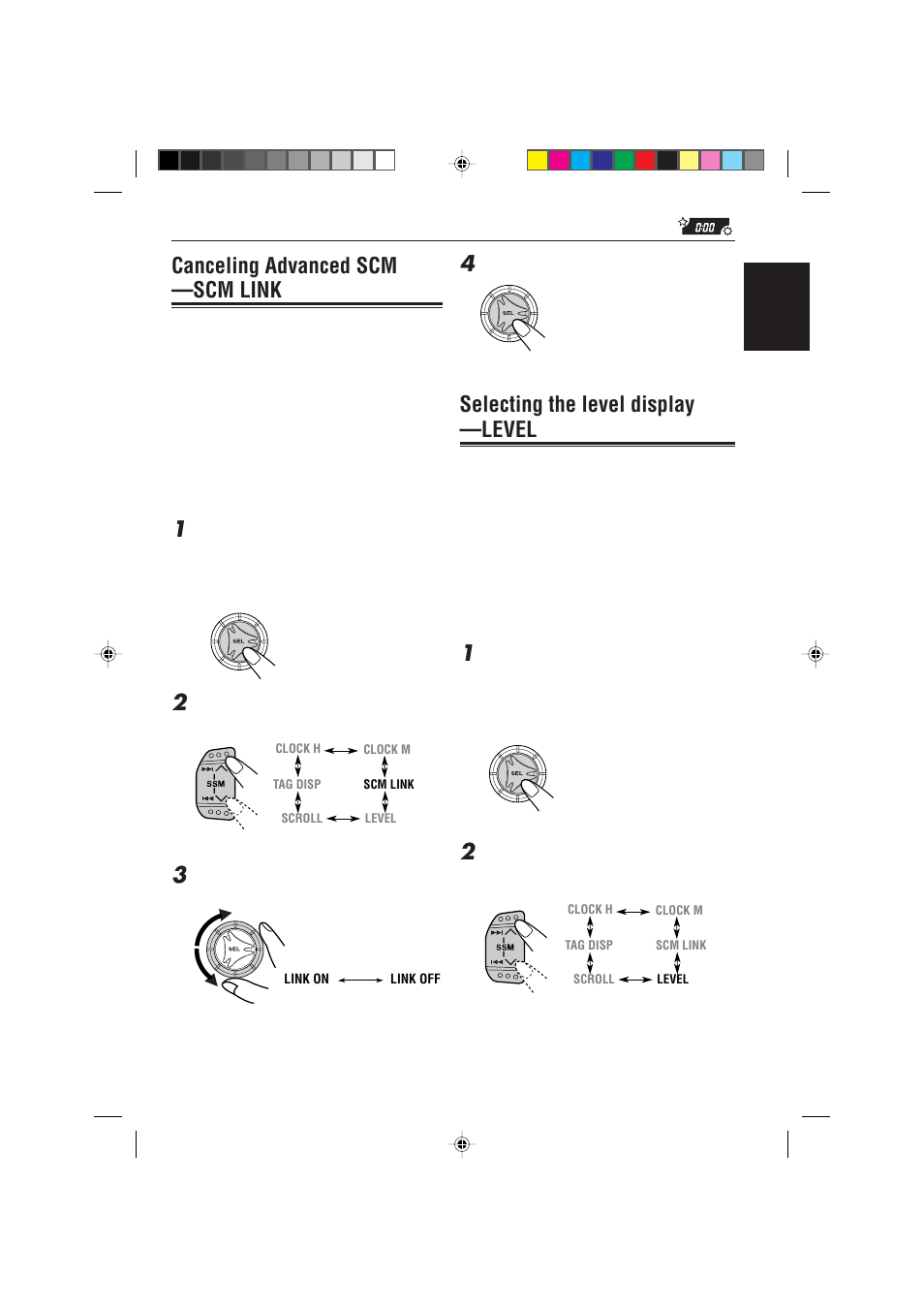Canceling advanced scm ―scm link, Selecting the level display ―level, Canceling advanced scm —scm link | Selecting the level display —level | JVC KD-S785 User Manual | Page 25 / 31