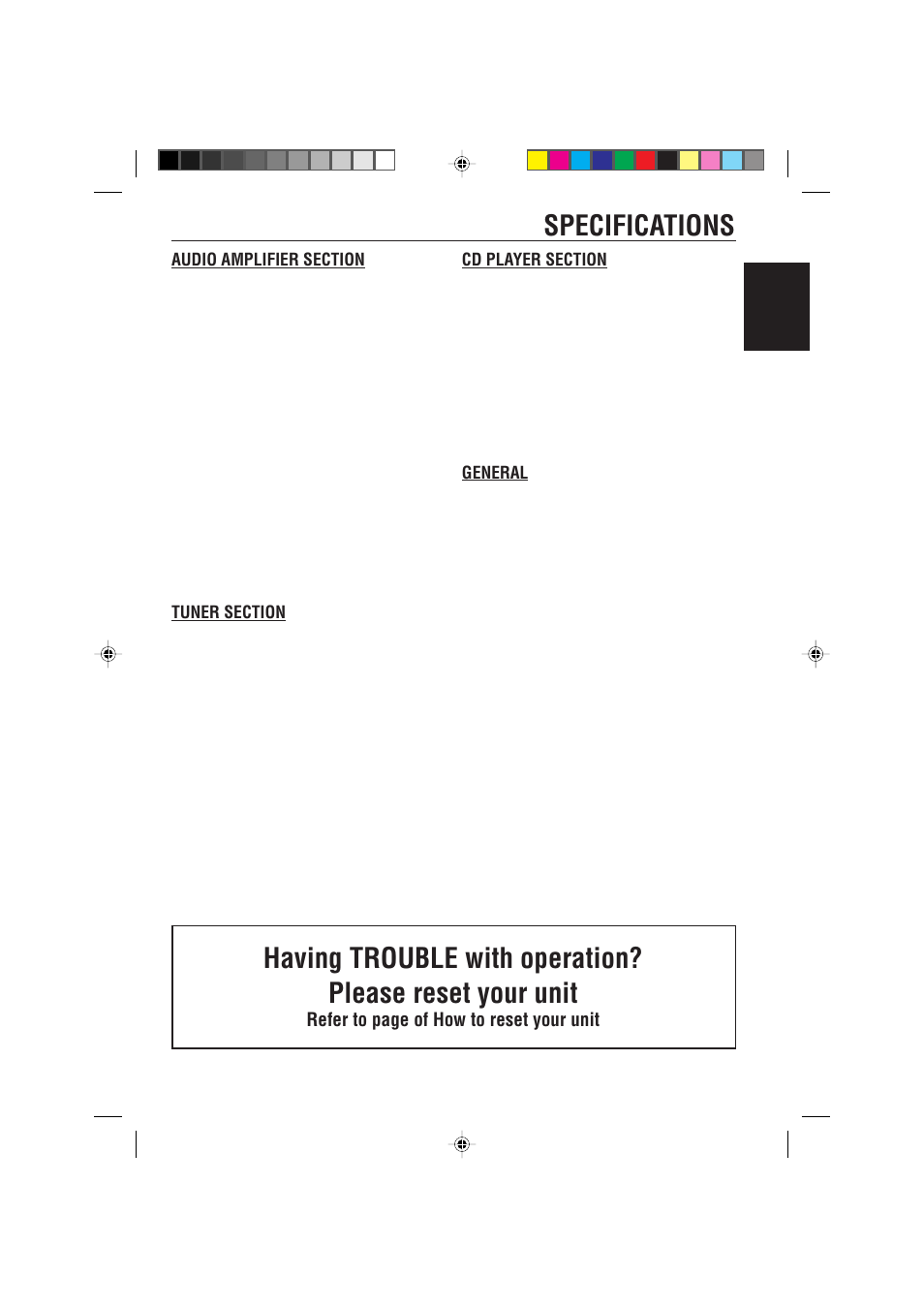 Specifications, Refer to page of how to reset your unit, General | JVC KD-S785 User Manual | Page 31 / 31