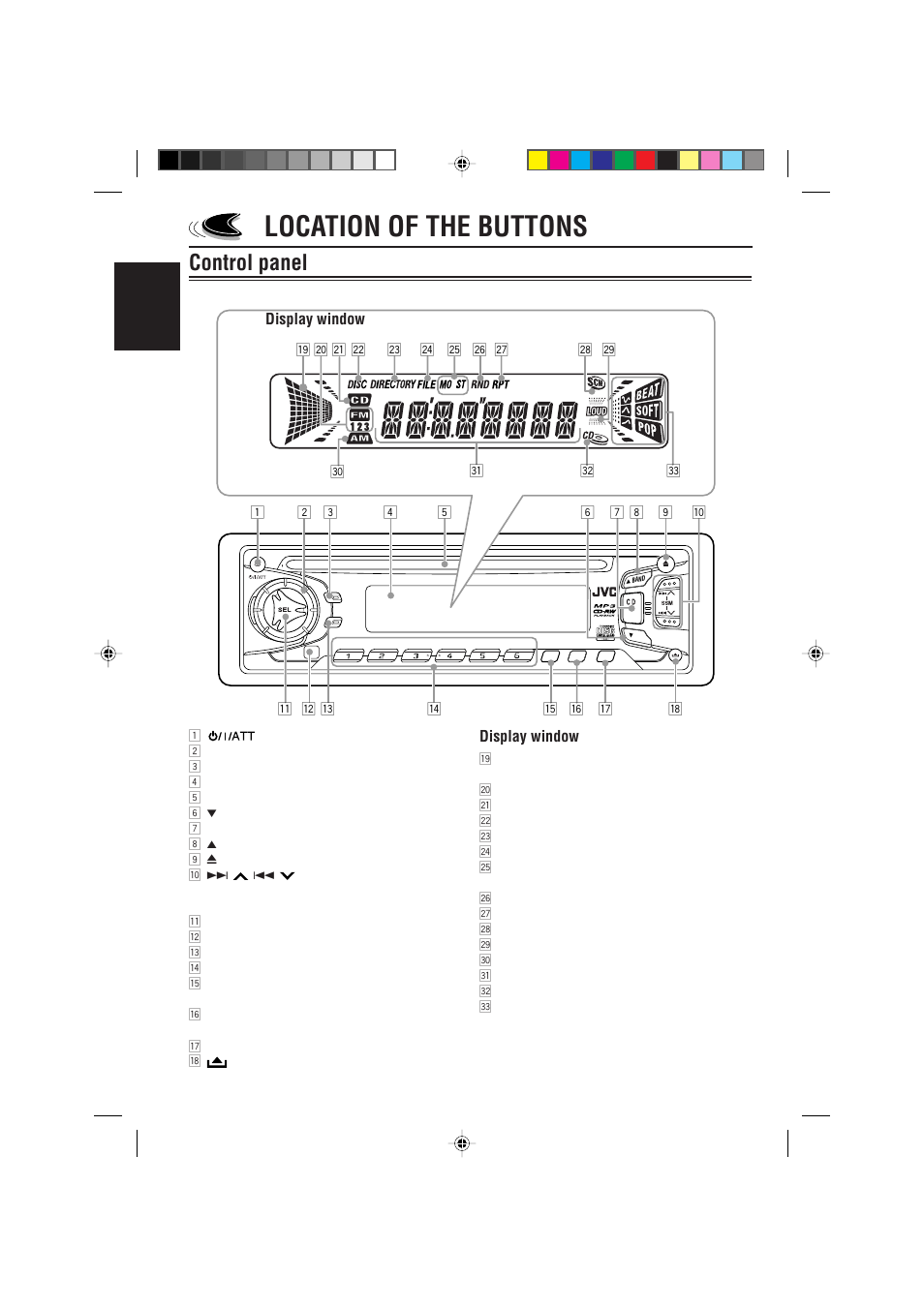 Location of the buttons, Control panel, English | Display window | JVC KD-S785 User Manual | Page 4 / 31