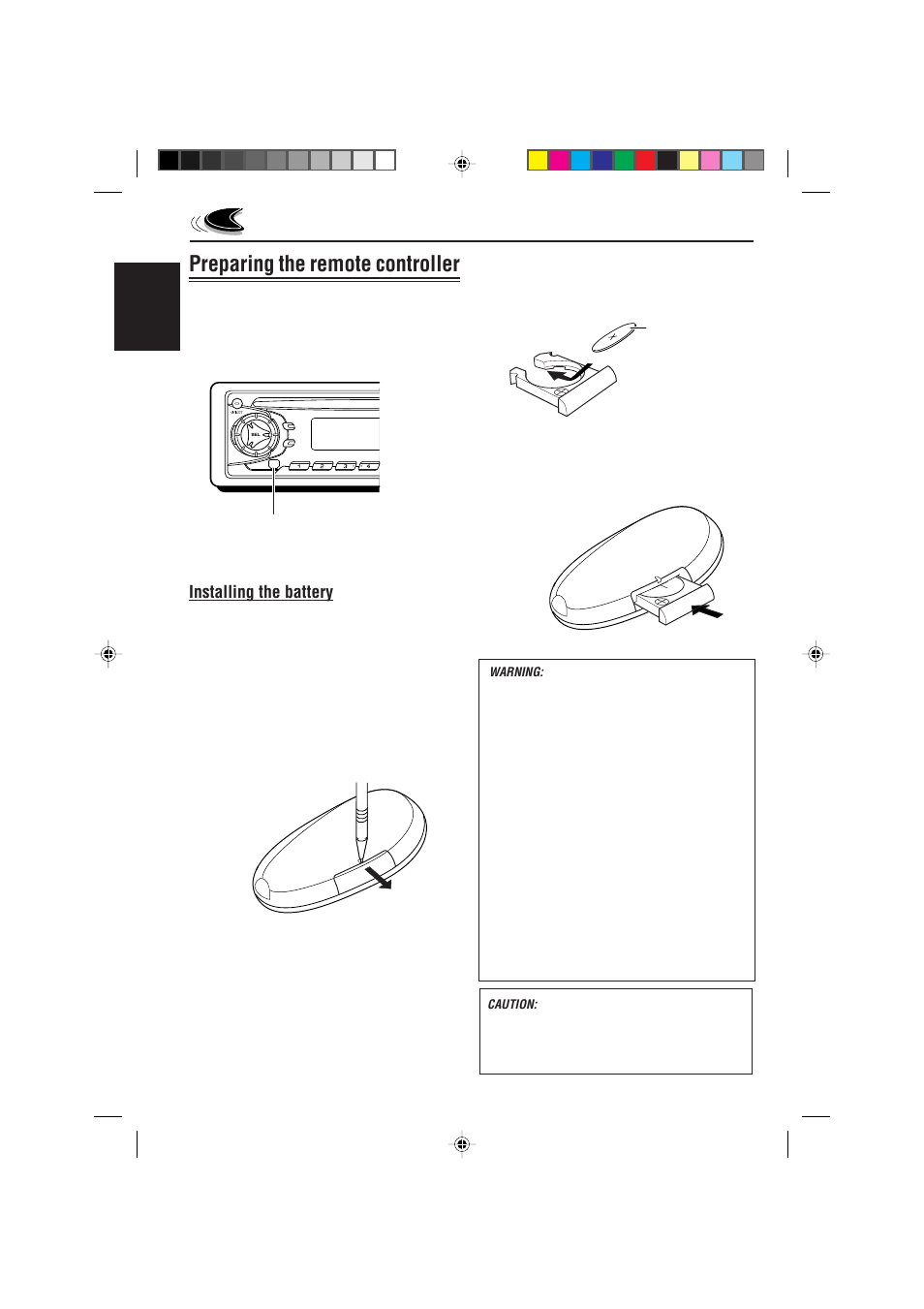 Preparing the remote controller, Installing the battery, English | JVC KD-S785 User Manual | Page 6 / 31
