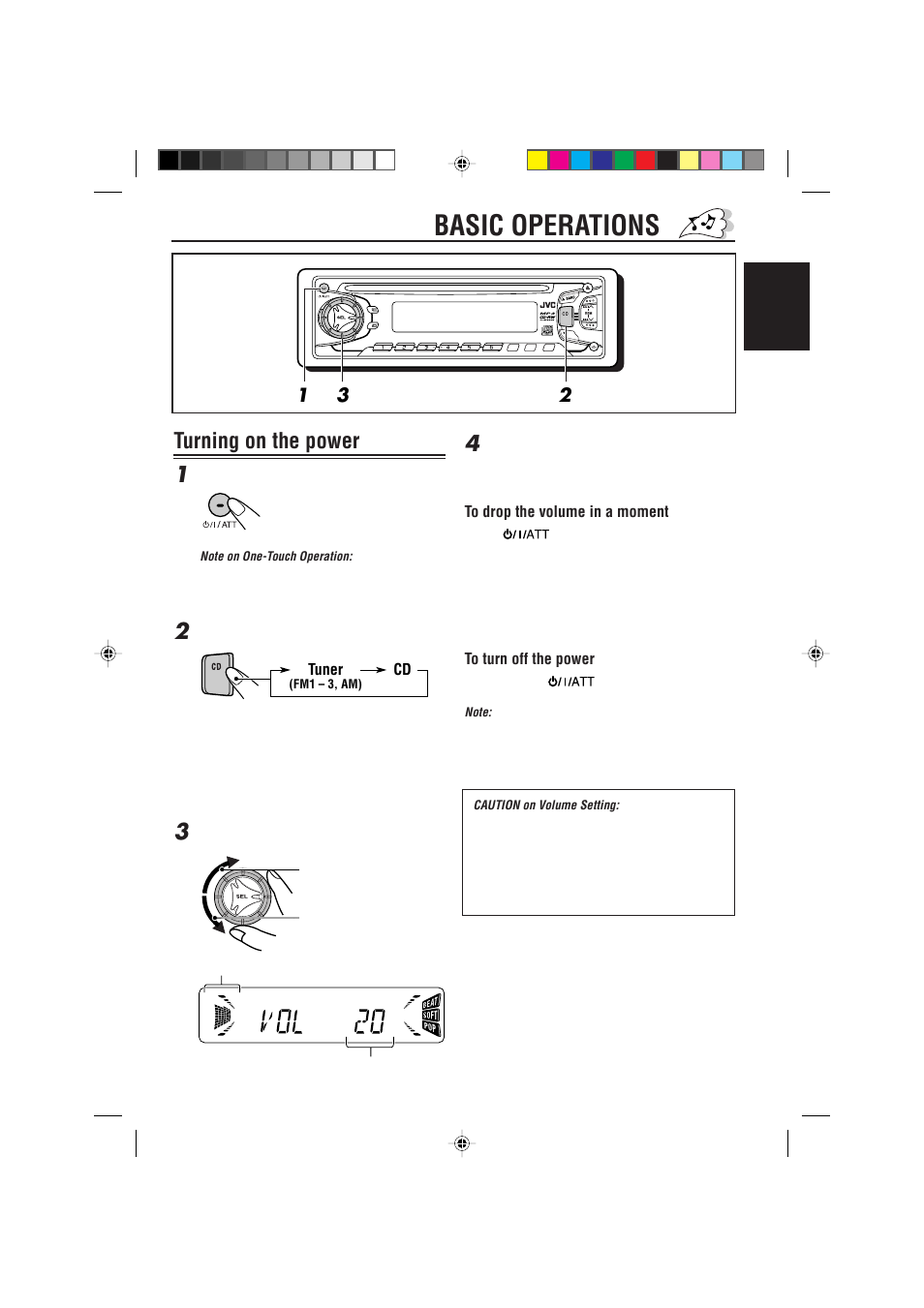 Basic operations, Turning on the power, Turning on the power 1 | English, Tuner | JVC KD-S785 User Manual | Page 7 / 31