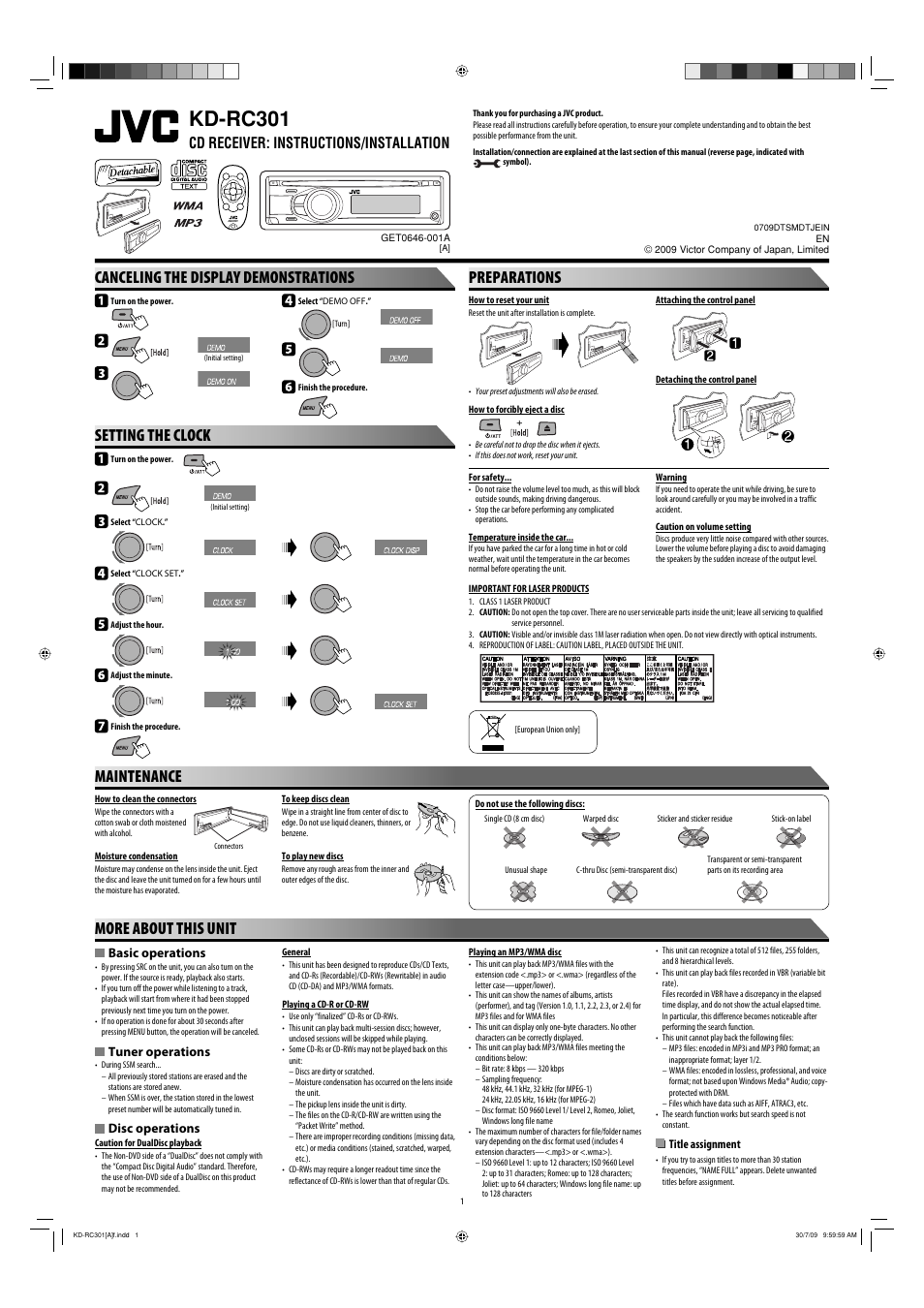 Kd-rc301, Instructions/installation, Canceling the display demonstrations | Setting the clock, Preparations, Maintenance, More about this unit, Cd receiver: instructions/installation, Basic operations, Tuner operations | JVC GET0568-013A User Manual | Page 149 / 152