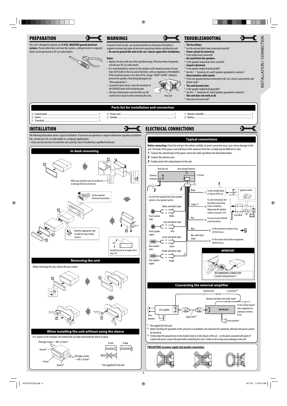 Installation, Electrical connections, Troubleshooting | Preparation, Warnings, Installation / connection, Removing the unit, When installing the unit without using the sleeve, Typical connections, Connecting the external amplifier | JVC GET0568-013A User Manual | Page 152 / 152