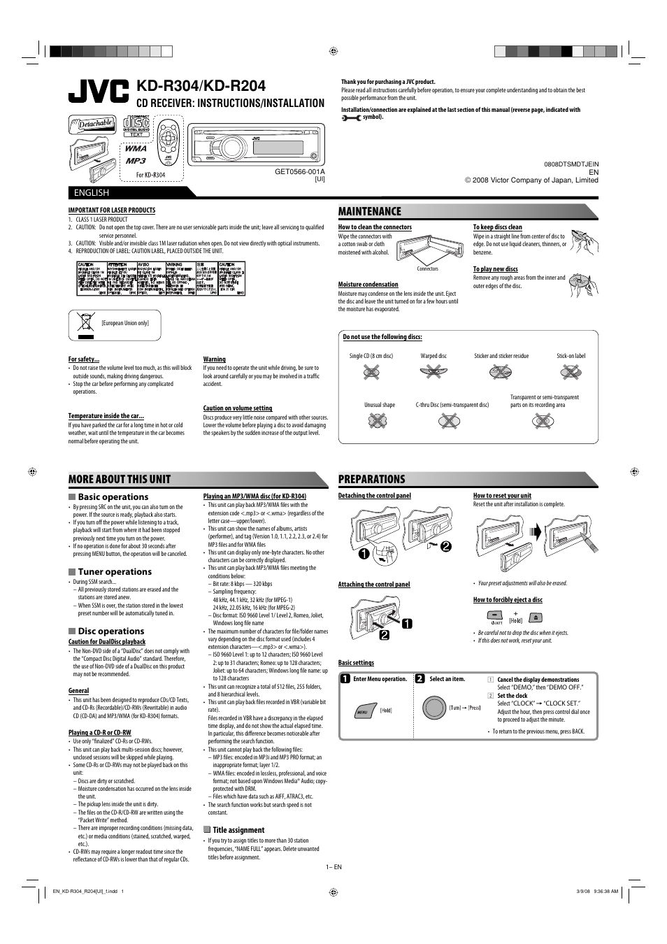 Kd-r304/kd-r204 ui, Instructions/installation, Important for laser products | Maintenance, More about this unit, Preparations, Cd receiver: instructions/installation, English, Basic operations, Tuner operations | JVC GET0568-013A User Manual | Page 55 / 152