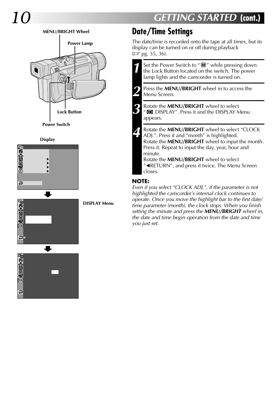 Getting started, Date/time settings, Cont.) | JVC GR-DVL315 User Manual | Page 10 / 68