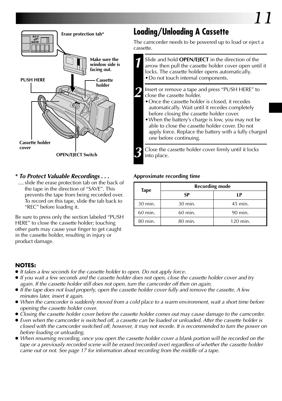 Loading/unloading a cassette | JVC GR-DVL315 User Manual | Page 11 / 68