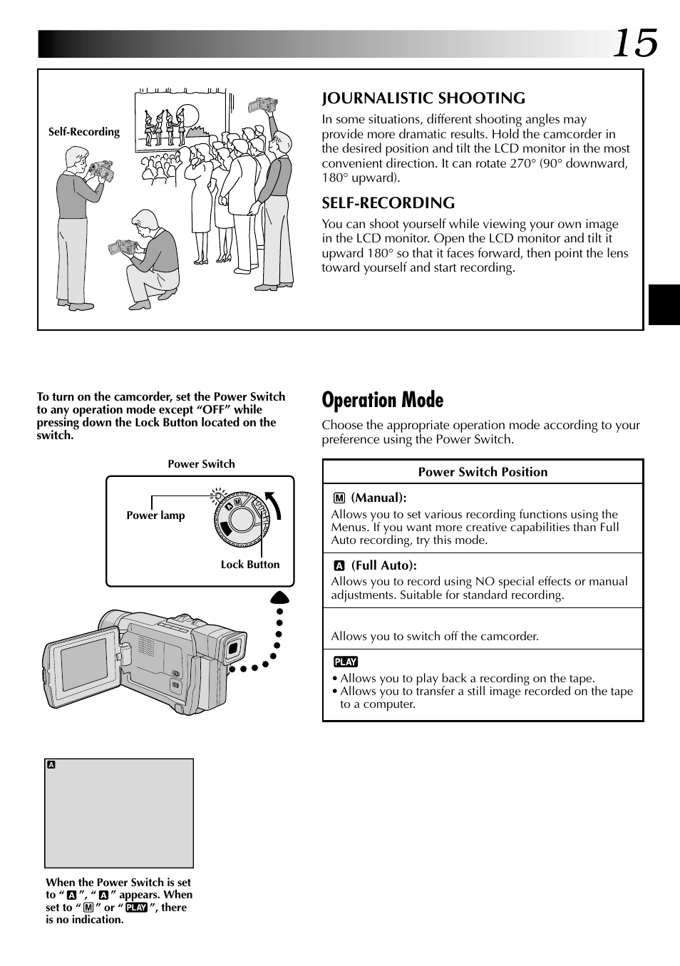 Operation mode, Journalistic shooting, Self-recording | JVC GR-DVL315 User Manual | Page 15 / 68