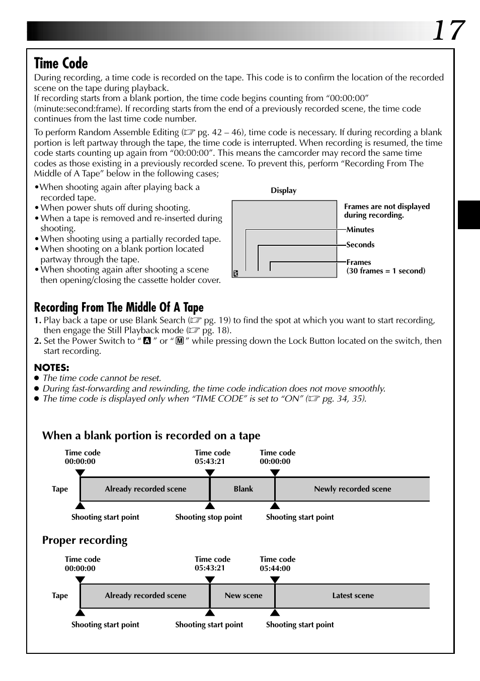 Time code, Recording from the middle of a tape, When a blank portion is recorded on a tape | Proper recording | JVC GR-DVL315 User Manual | Page 17 / 68