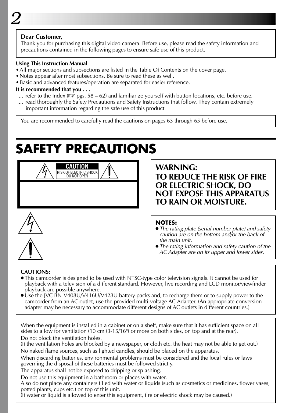 Safety precautions | JVC GR-DVL315 User Manual | Page 2 / 68