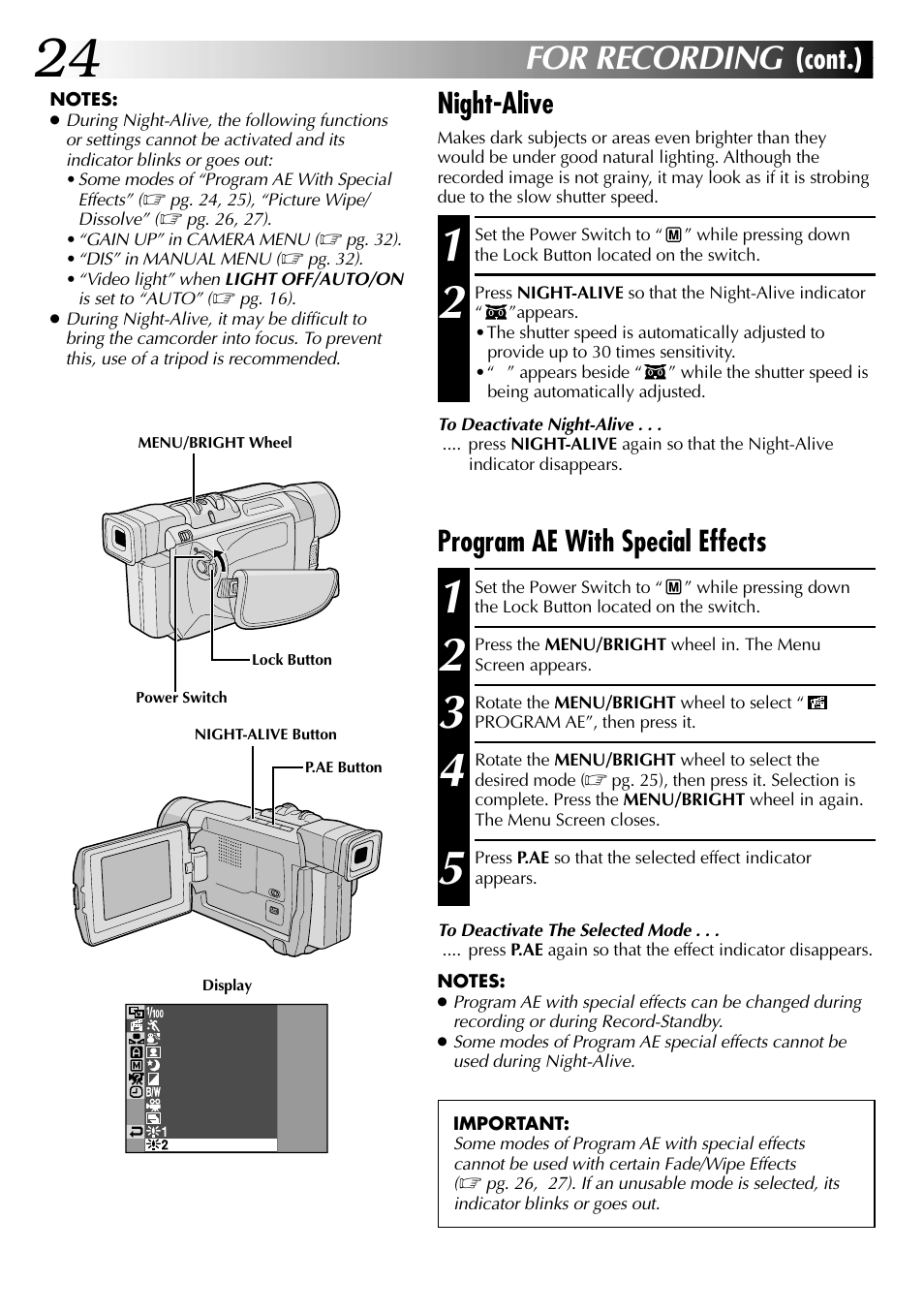 For recording, Cont.), Program ae with special effects | Night-alive | JVC GR-DVL315 User Manual | Page 24 / 68