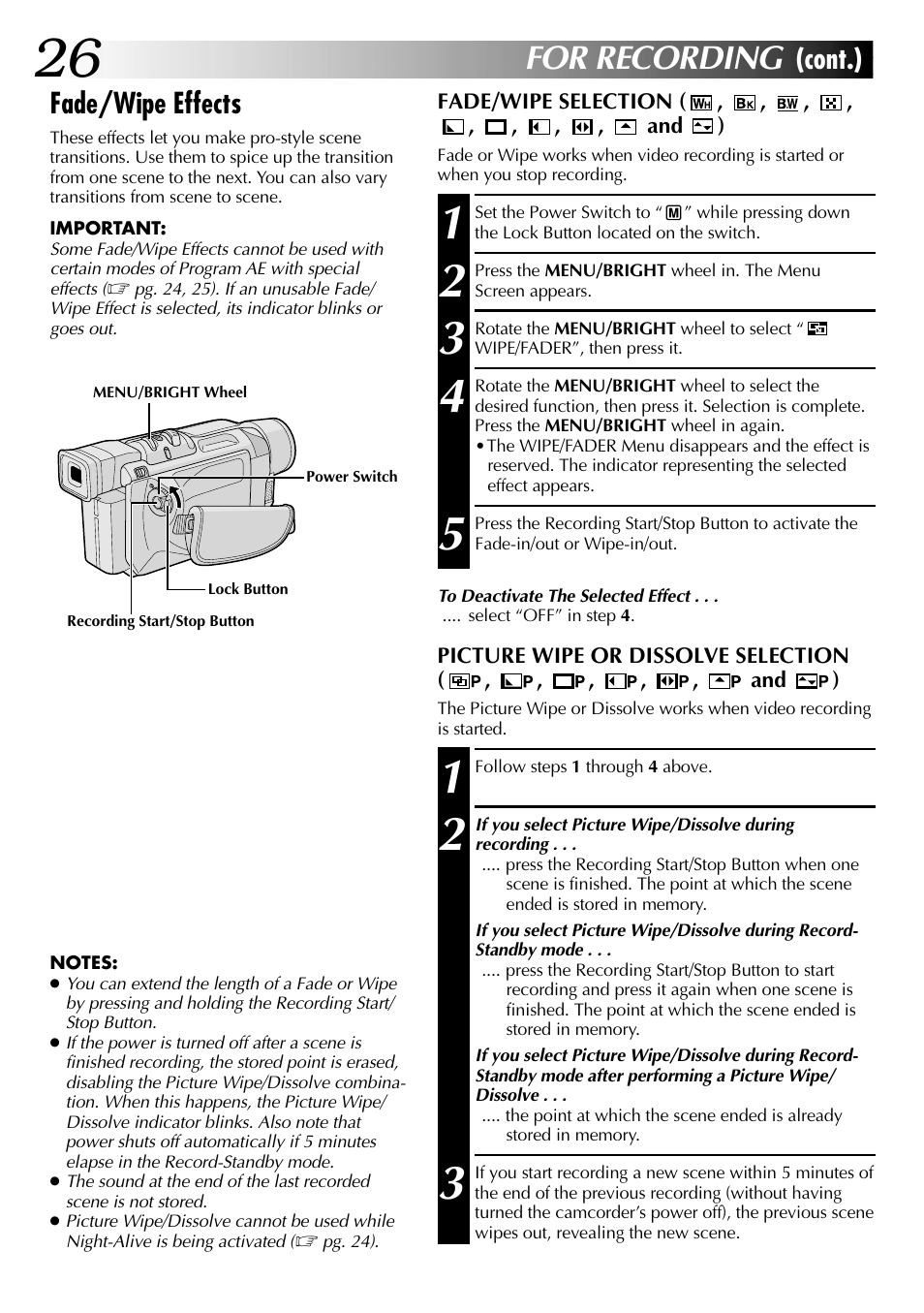 For recording, Cont.) fade/wipe effects | JVC GR-DVL315 User Manual | Page 26 / 68