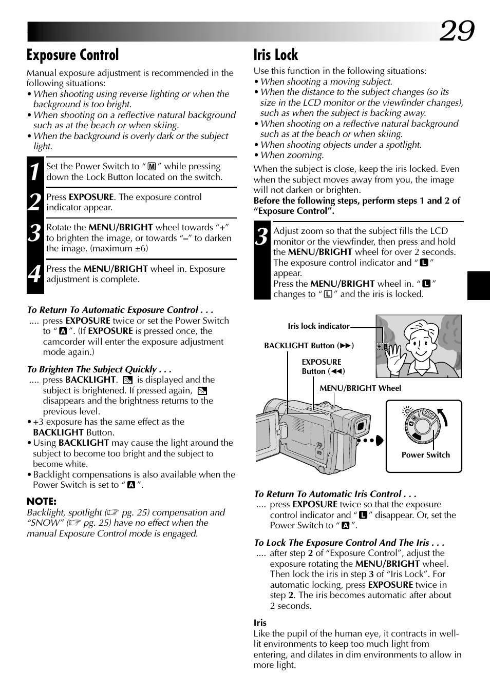 Exposure control, Iris lock | JVC GR-DVL315 User Manual | Page 29 / 68