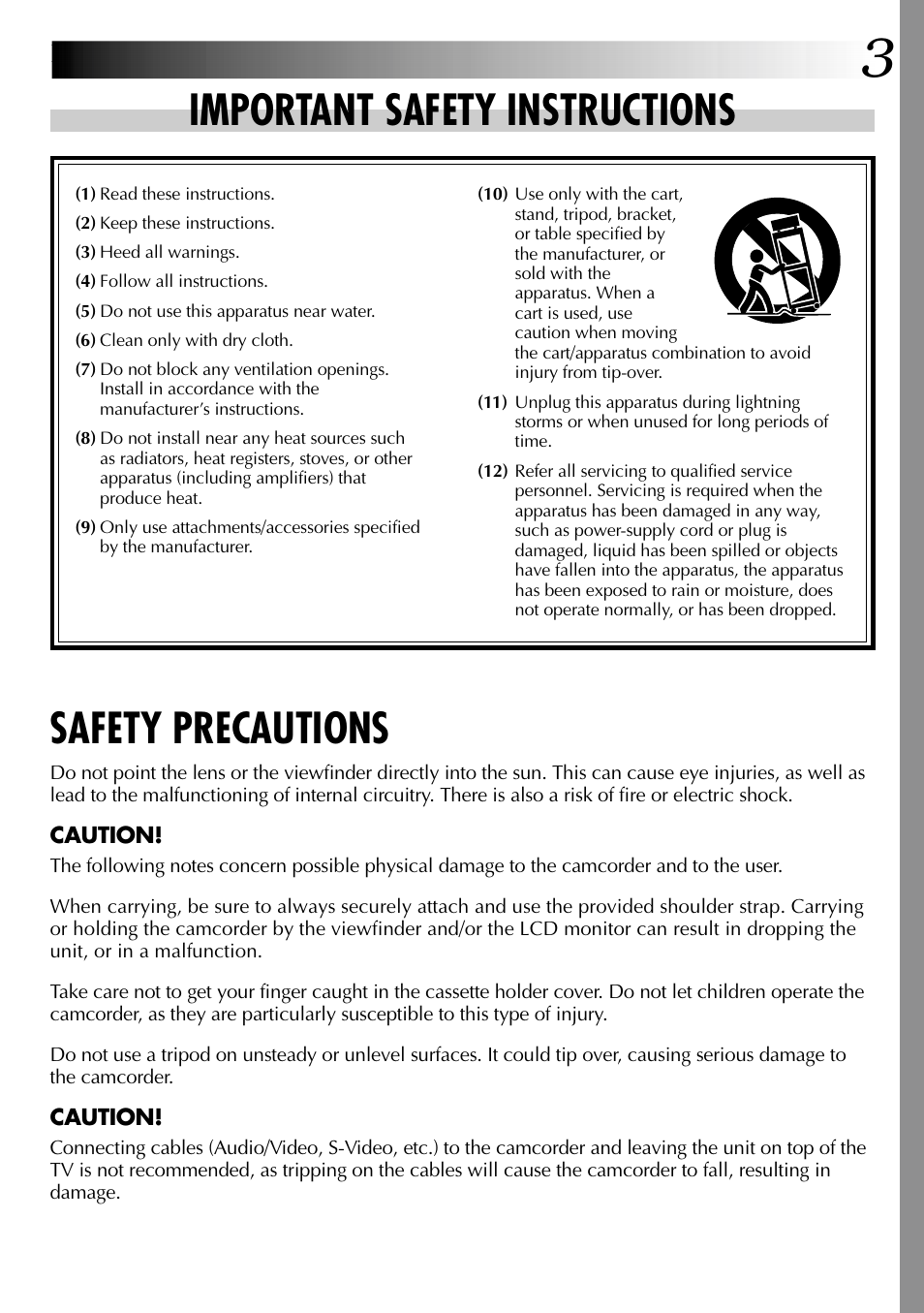 Important safety instructions, Safety precautions | JVC GR-DVL315 User Manual | Page 3 / 68